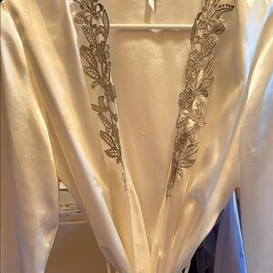 Cream Satin Robe with Silver Embroidered Trim